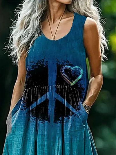 Damen Hippie Rundhals Ärmellos Bequem Lässig Print Maxikleid