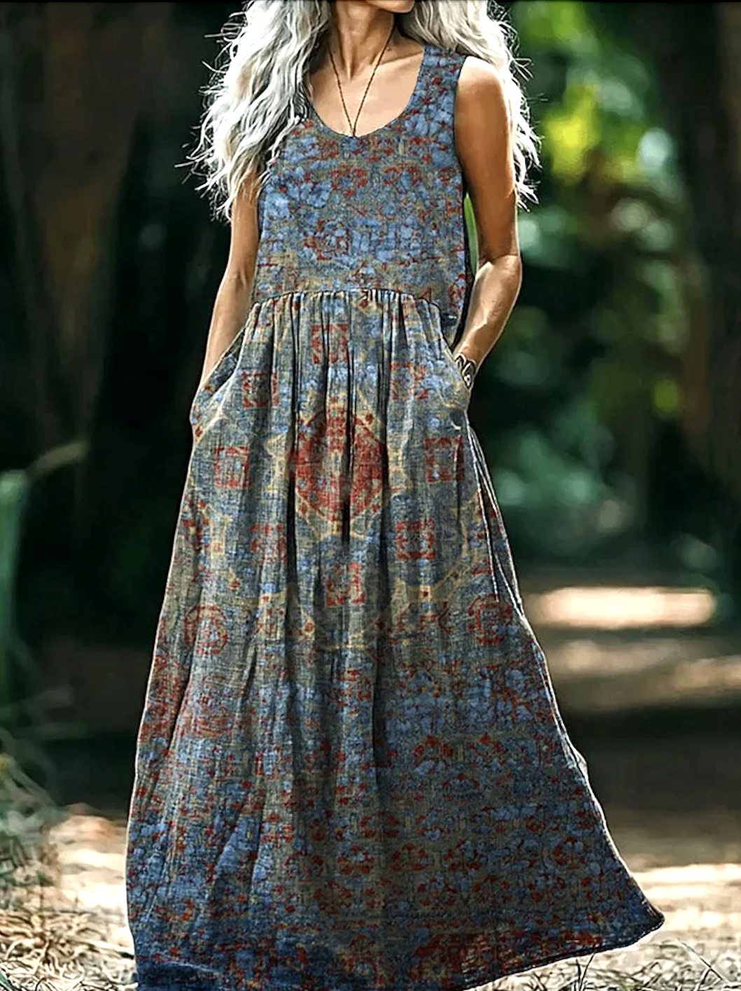 Damen Geometrisch V-Ausschnitt Ärmellos Bequem Retro Maxikleid
