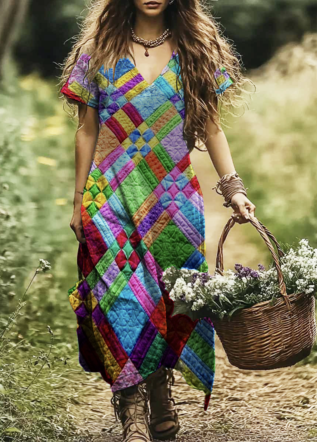 Damen Geometrisch V-Ausschnitt Kurzarm Bequem Lässig Maxikleid