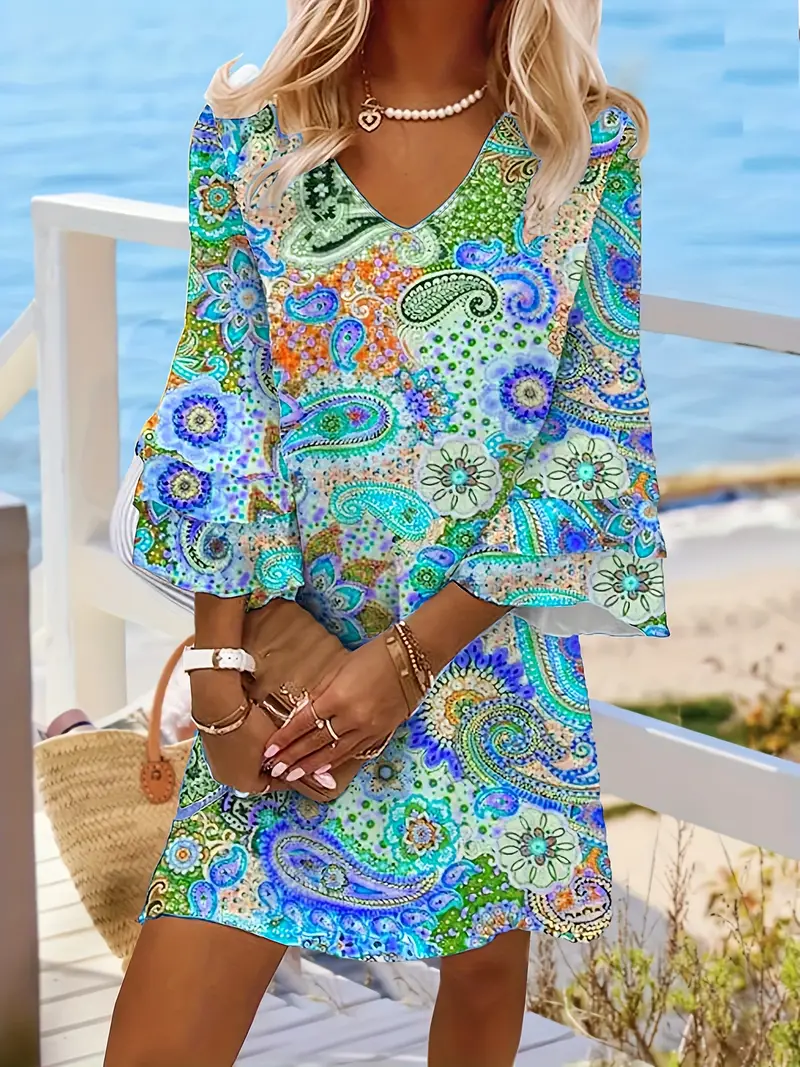Damen Geblümt Sommer Print Kleid V-Ausschnitt Halbarm Klassisch H-Linie Kleid