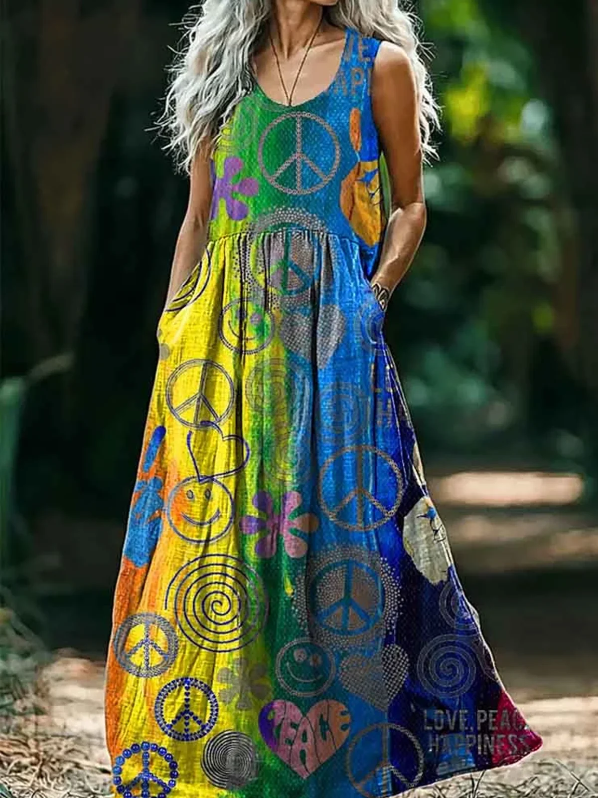 Damen Geometrisch V-Ausschnitt Ärmellos Bequem Retro Maxikleid