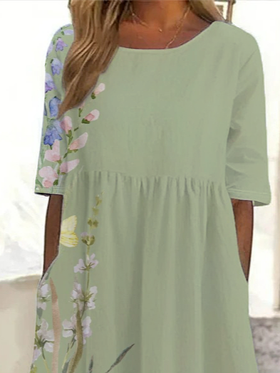 Damen Geblümt Sommer Print Kleid Rundhals Kurzarm Etuikleid H-Linie Kleid