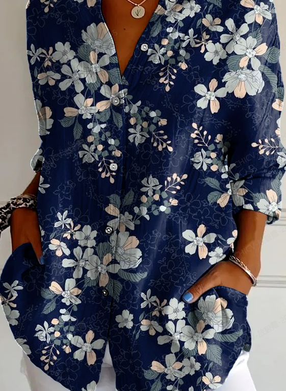 Hemdkragen Langarm Geblümt Leicht Regelmäßige Passform Bluse für Damen