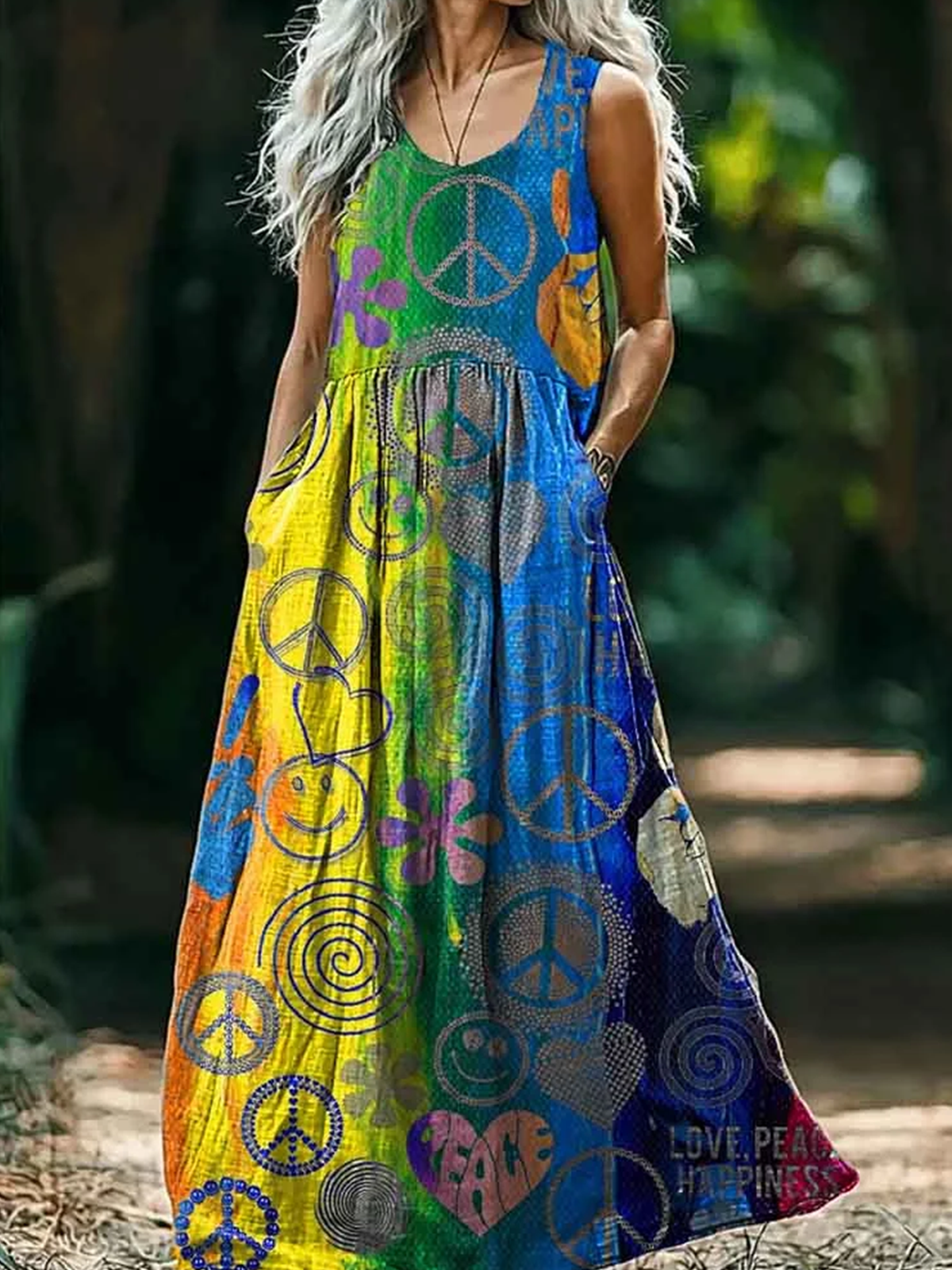 Damen Geometrisch V-Ausschnitt Ärmellos Bequem Retro Maxikleid