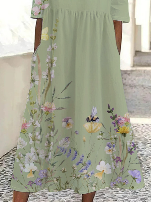 Damen Geblümt Sommer Print Kleid Rundhals Kurzarm Etuikleid H-Linie Kleid
