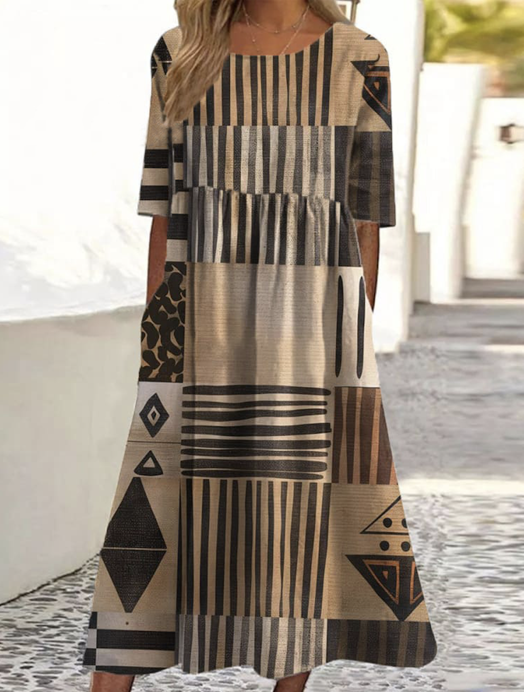 Damen Geometrisch Rundhals Kurzarm Bequem Lässig Maxikleid