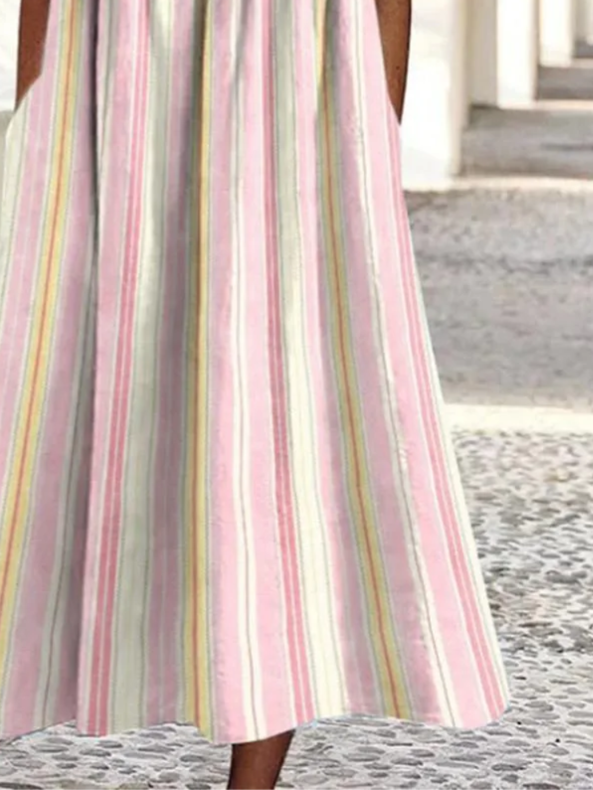 Damen Gestreift Rundhals Kurzarm Bequem Lässig Maxikleid