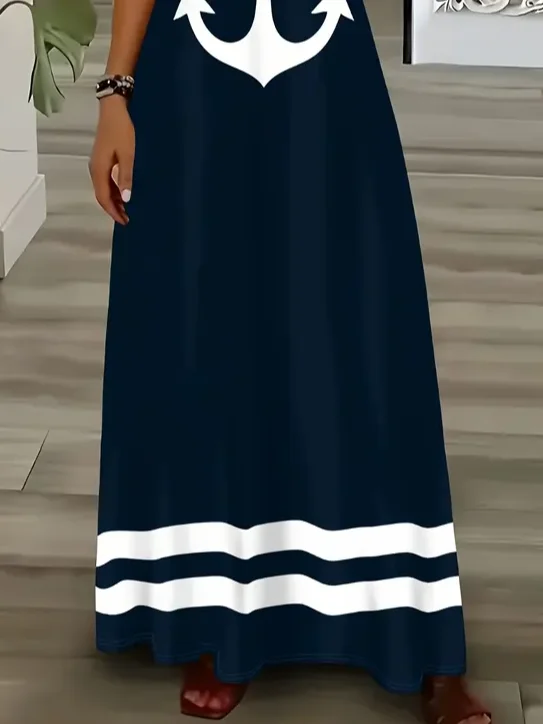 Damen Anker Sommer Print Kleid V-Ausschnitt Ärmellos Unterhose Kleid X-Linie Kleid
