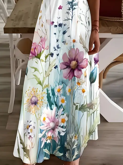 Damen Geblümt V-Ausschnitt Ärmellos Bequem Lässig Print Maxikleid
