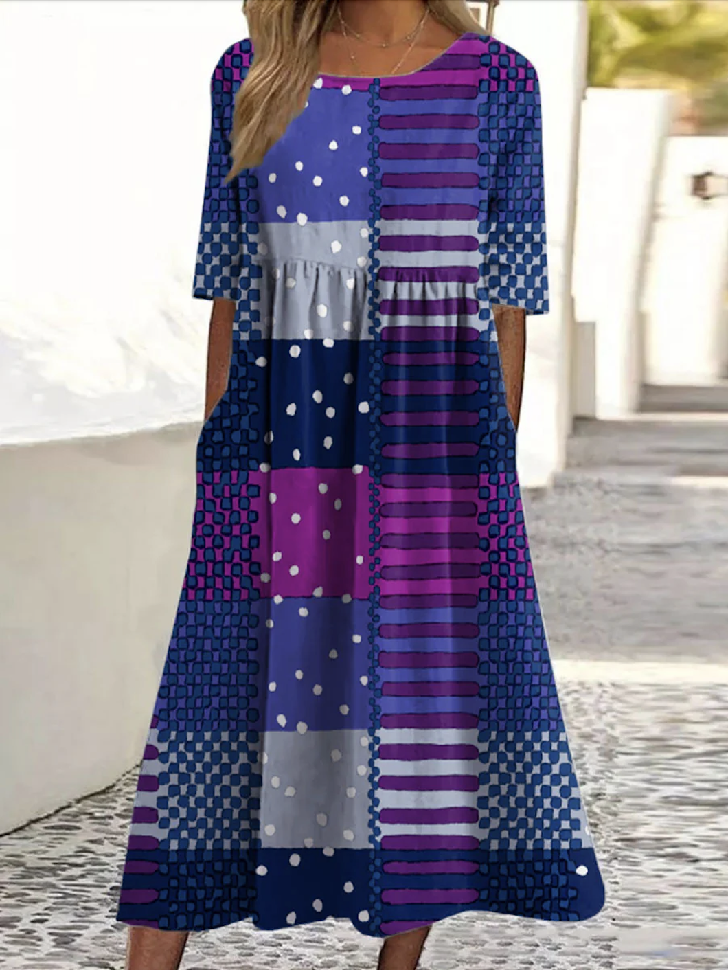Damen Geometrisch Rundhals Kurzarm Bequem Lässig Maxikleid