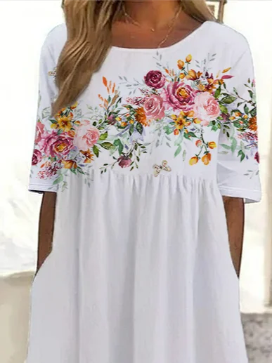 Damen Geblümt Sommer Print Kleid Rundhals Kurzarm Etuikleid H-Linie Kleid