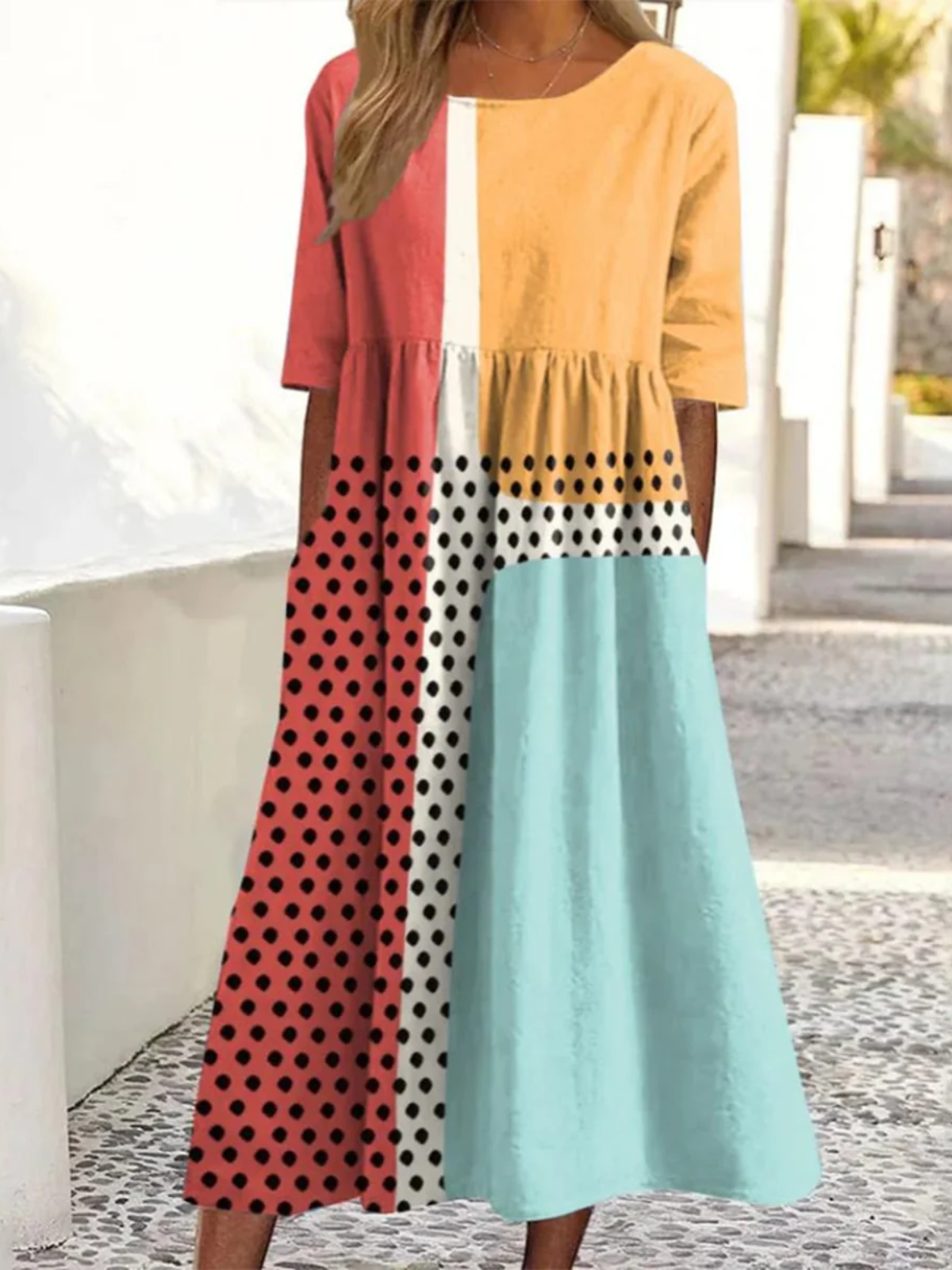 Damen Farbblock Rundhals Kurzarm Bequem Lässig Maxikleid