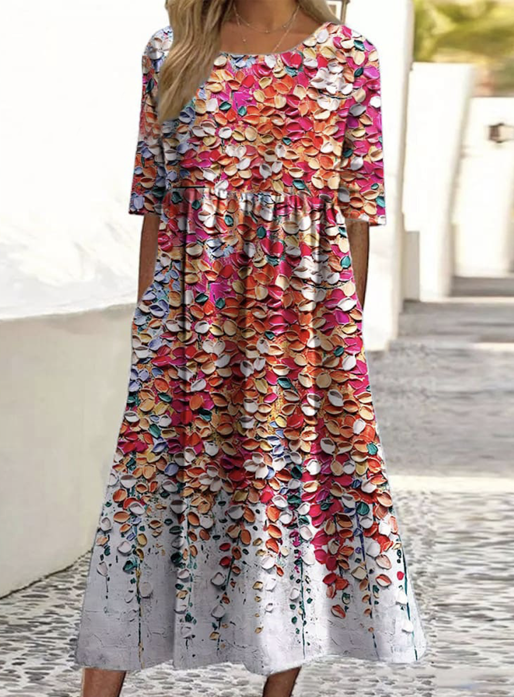 Damen Geblümt Rundhals Kurzarm Bequem Lässig Maxikleid