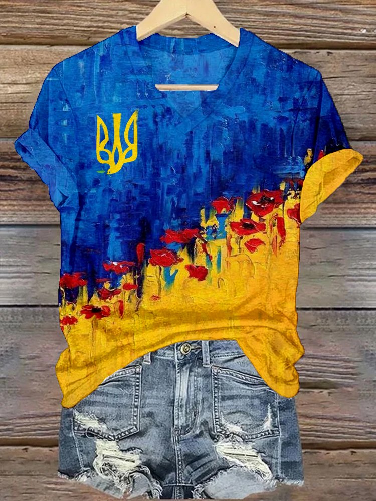 Lässig Geblümt V-Ausschnitt Kurzarm T-Shirt