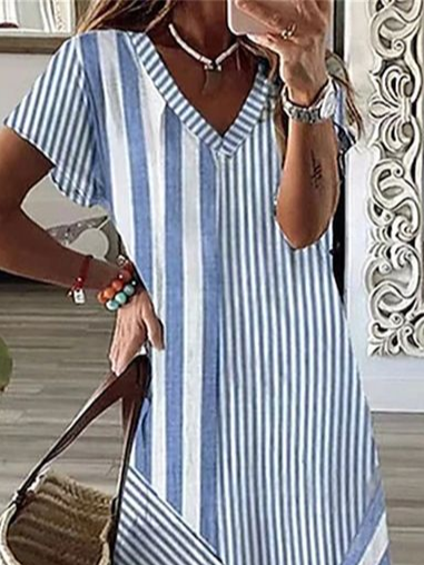 Damen Gestreift Sommer Print Kleid V-Ausschnitt Kurzarm X-Linie Kleid