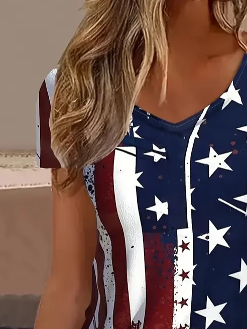Lässig Tag der Unabhängigkeit (Flagge) V-Ausschnitt Kurzarm T-Shirt