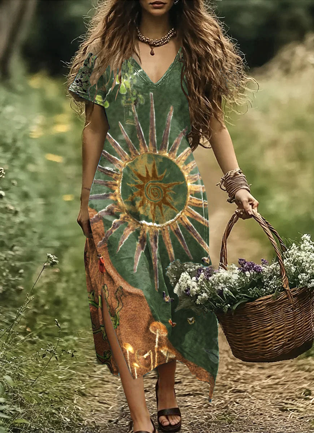 Damen Geometrisch V-Ausschnitt Kurzarm Bequem Lässig Maxikleid