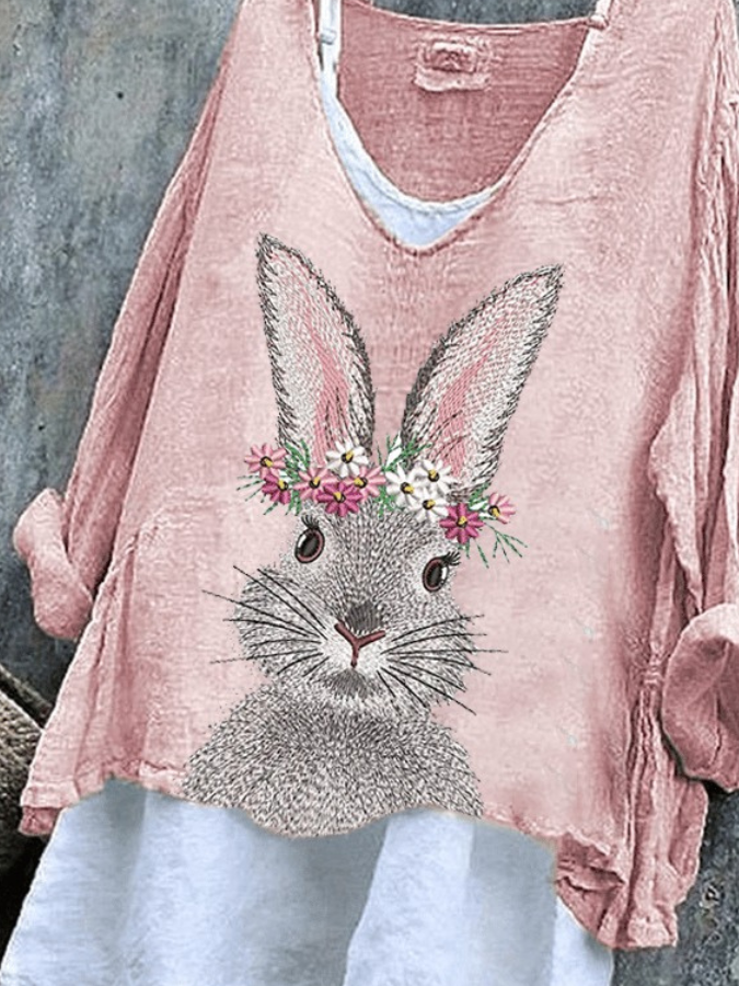 Retro OSTERN (Kaninchen) V-Ausschnitt Langarm T-Shirt