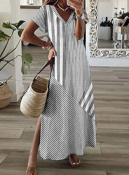 Damen Gestreift Sommer Print Kleid V-Ausschnitt Kurzarm X-Linie Kleid