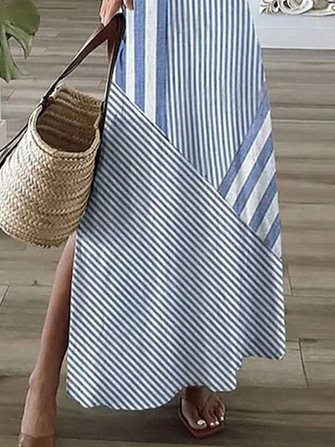 Damen Gestreift Sommer Print Kleid V-Ausschnitt Kurzarm X-Linie Kleid