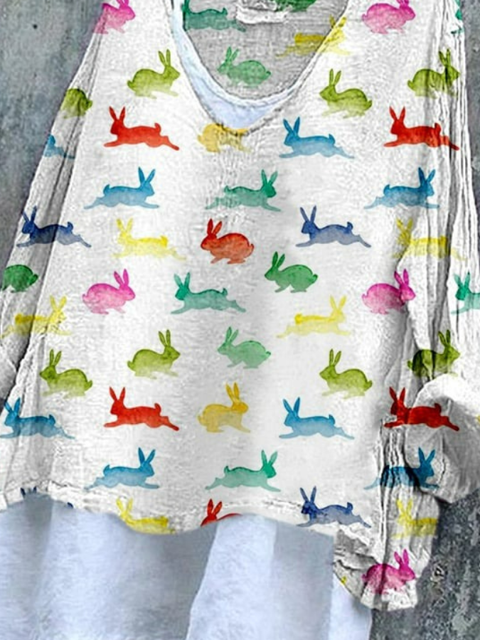 Retro OSTERN (Kaninchen) V-Ausschnitt Langarm T-Shirt