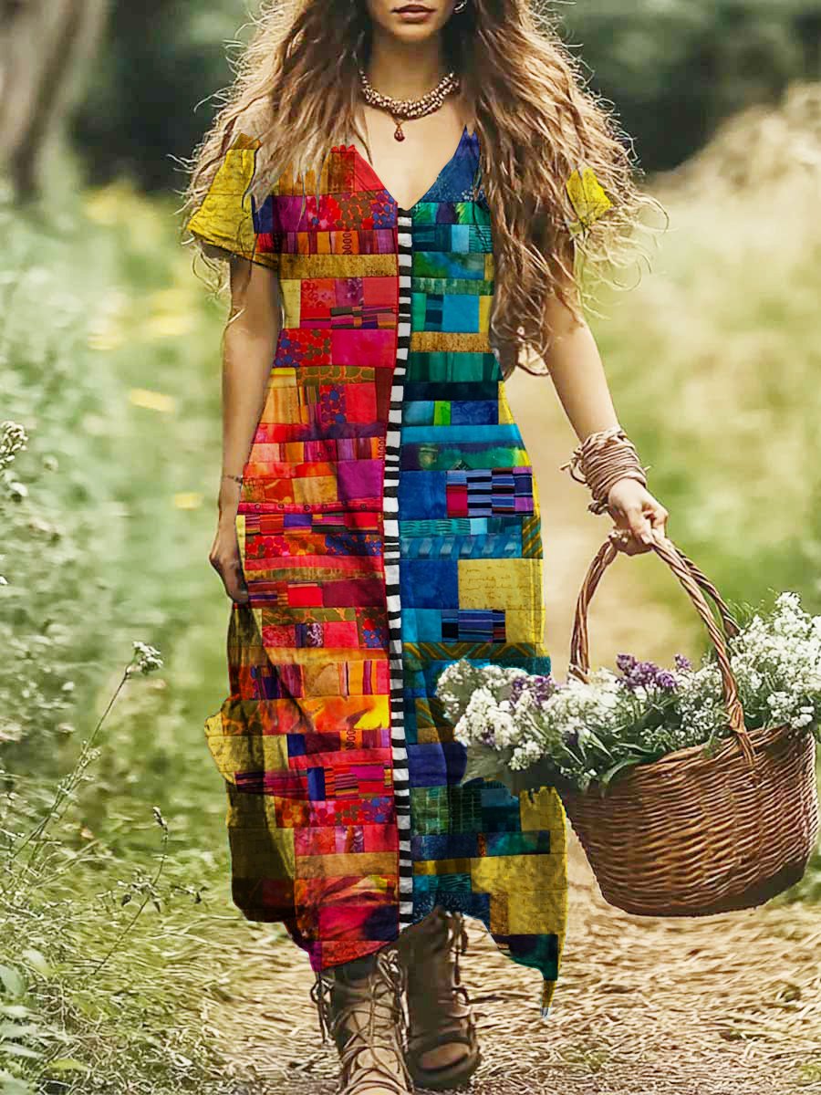 Damen Geometrisch V-Ausschnitt Kurzarm Bequem Lässig Maxikleid