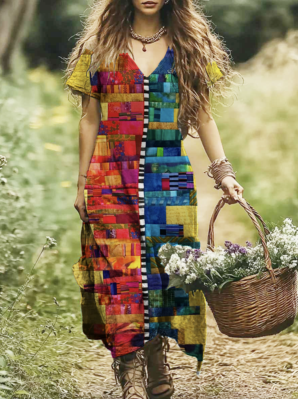 Damen Geometrisch V-Ausschnitt Kurzarm Bequem Lässig Maxikleid