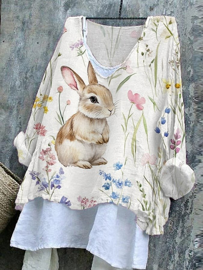 Retro OSTERN (Kaninchen) V-Ausschnitt Langarm T-Shirt