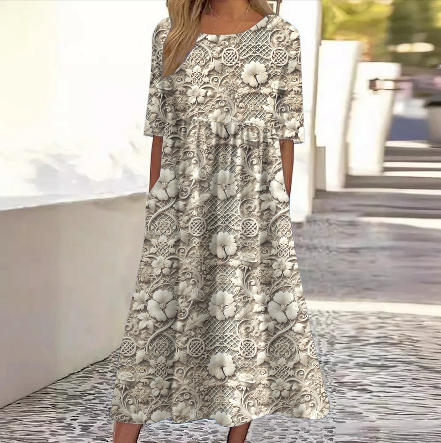 Damen Geblümt Rundhals Kurzarm Bequem Lässig Maxikleid