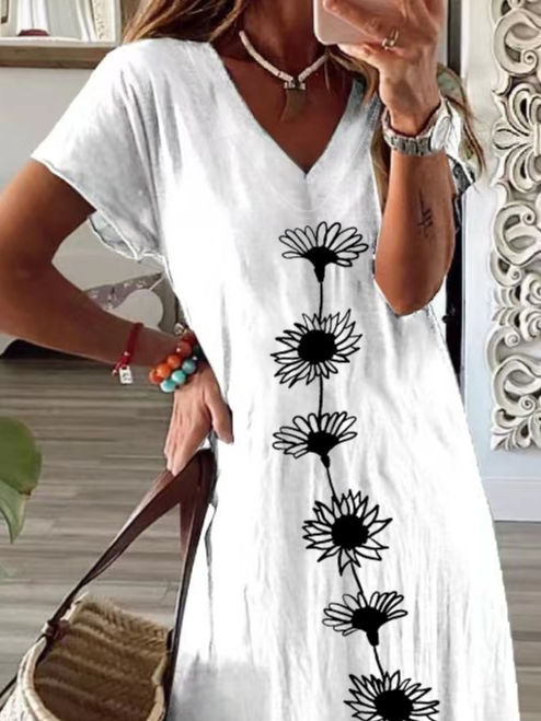 Damen Geblümt V-Ausschnitt Kurzarm Bequem Lässig Print Maxikleid