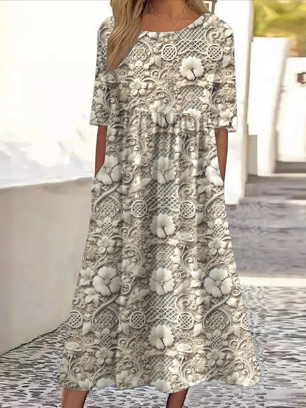 Damen Geblümt Rundhals Kurzarm Bequem Lässig Maxikleid