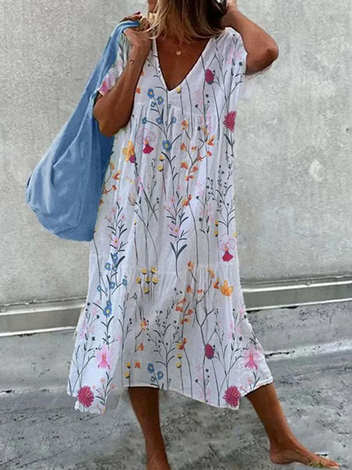 Damen Geblümt V-Ausschnitt Ärmellos Bequem Lässig Maxikleid