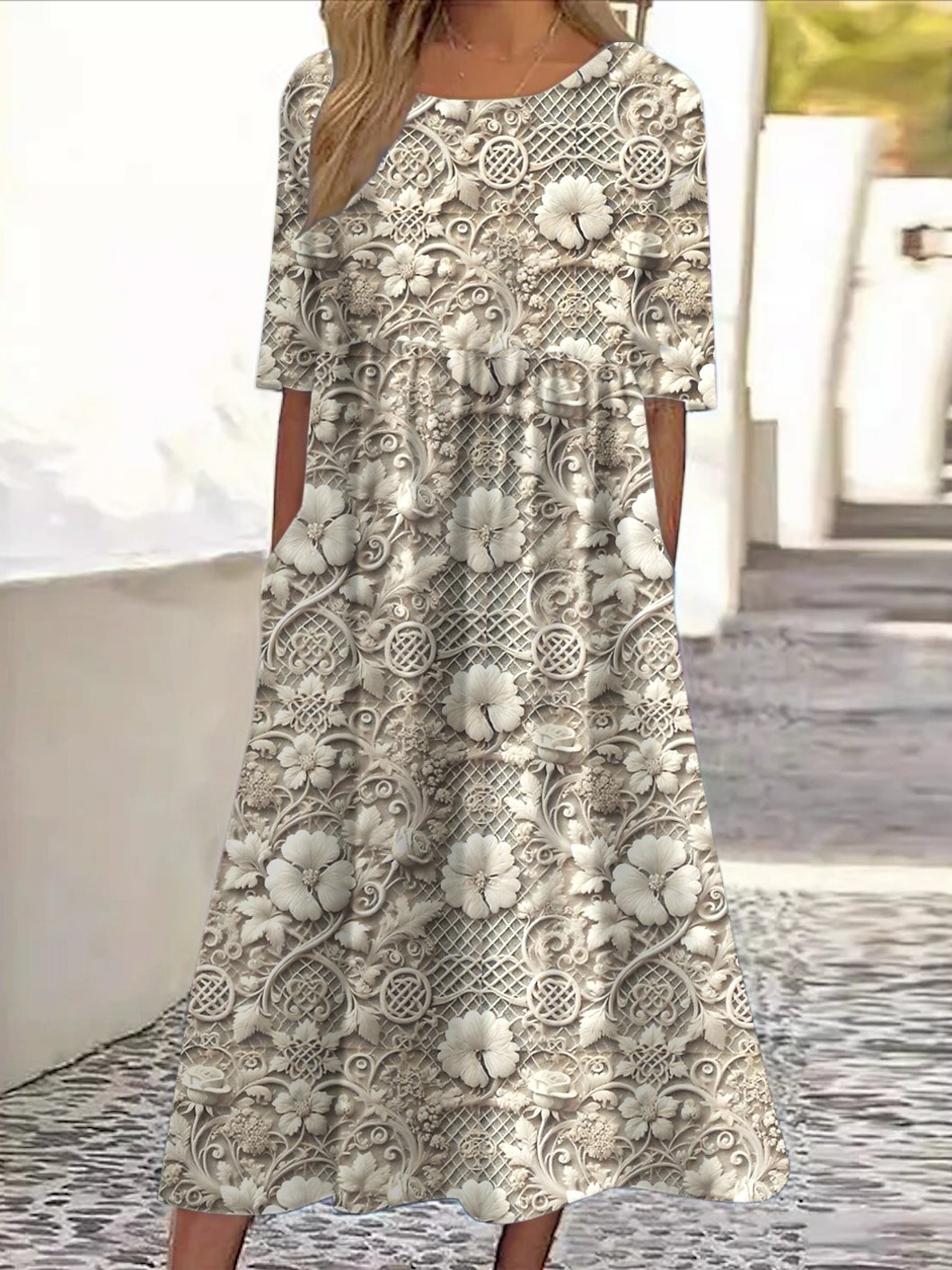 Damen Geblümt Rundhals Kurzarm Bequem Lässig Maxikleid