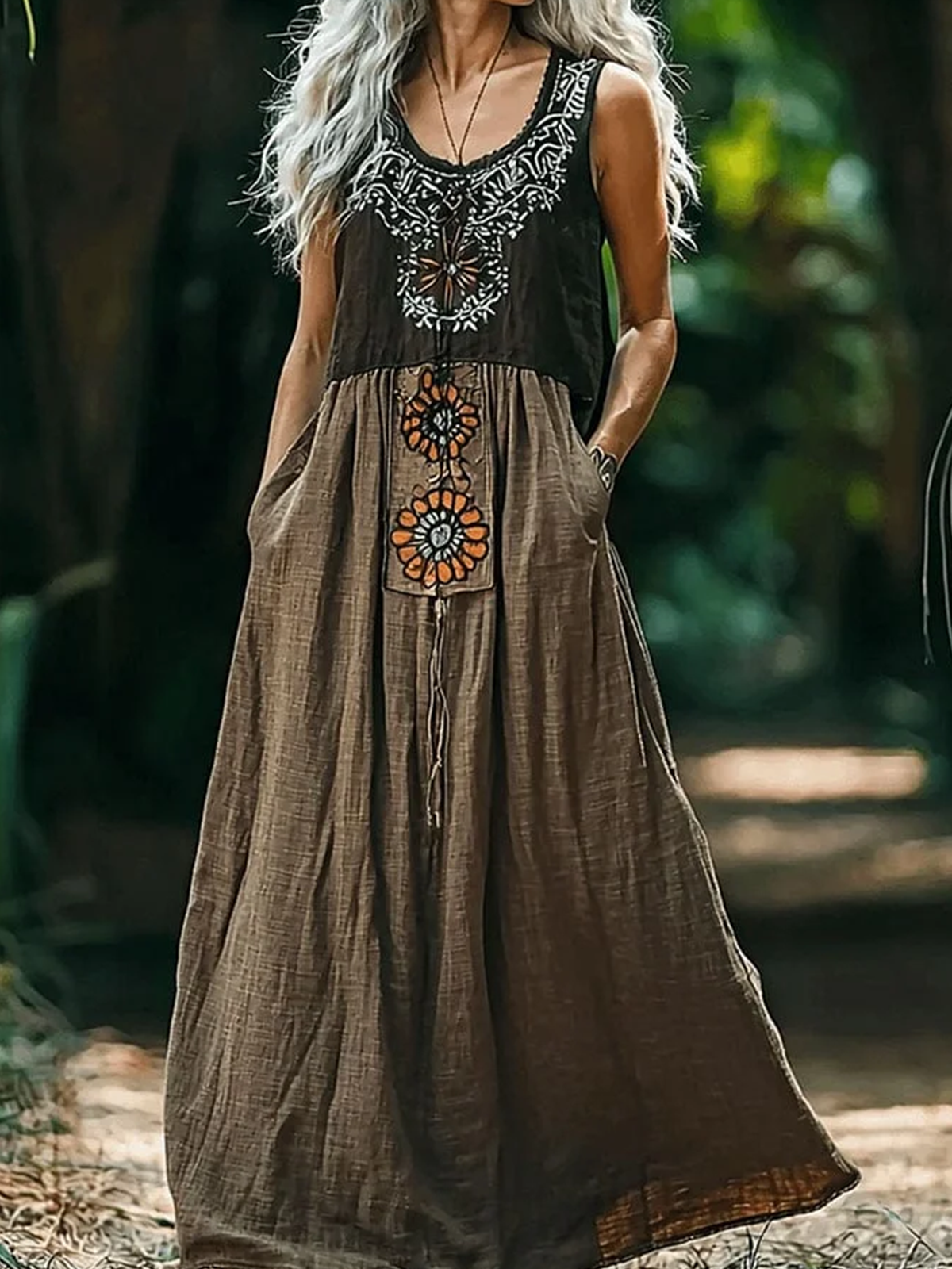 Damen Ethnisch Geometrie V-Ausschnitt Ärmellos Bequem Retro Maxikleid