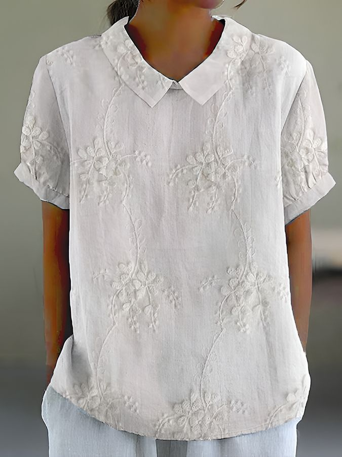 Schalkragen Kurzarm Geblümt Print Leicht Weit Bluse für Damen