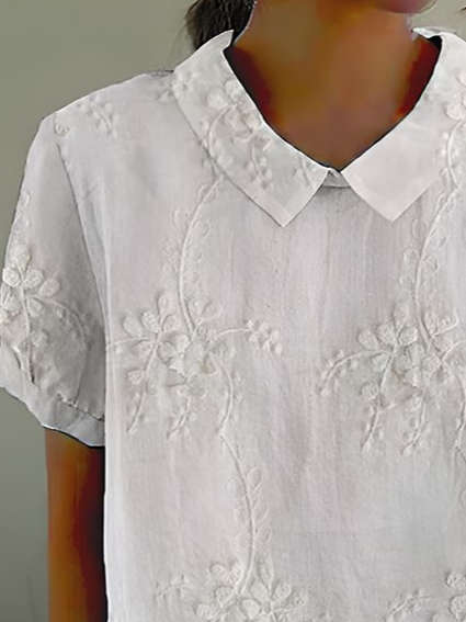 Schalkragen Kurzarm Geblümt Print Leicht Weit Bluse für Damen
