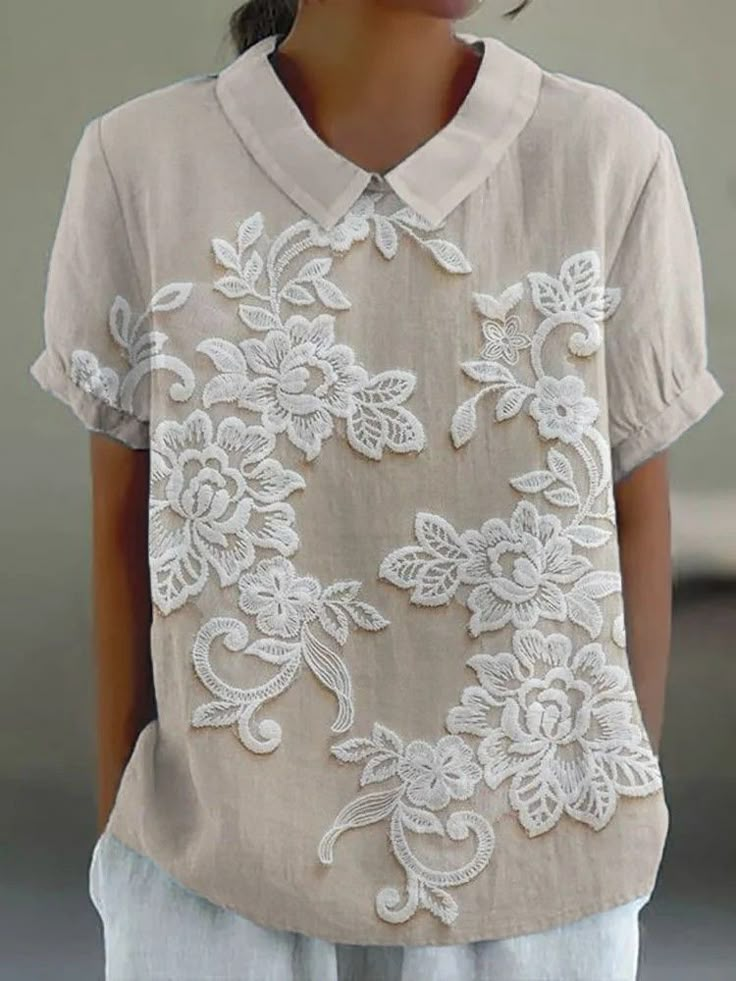 Schalkragen Kurzarm Geblümt Print Leicht Weit Bluse für Damen