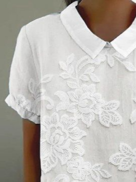 Schalkragen Kurzarm Geblümt Print Leicht Weit Bluse für Damen