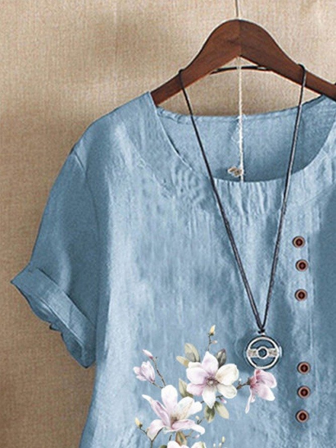 Rundhals Halbarm Geblümt Regelmäßig Regelmäßige Passform Bluse für Damen