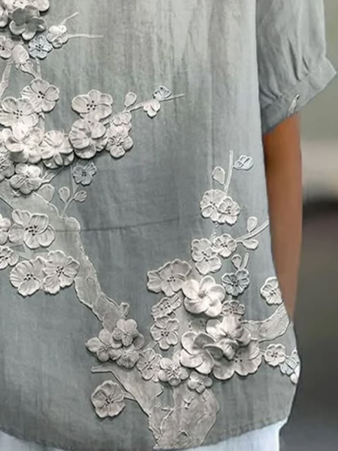 Schalkragen Kurzarm Geblümt Print Leicht Weit Bluse für Damen