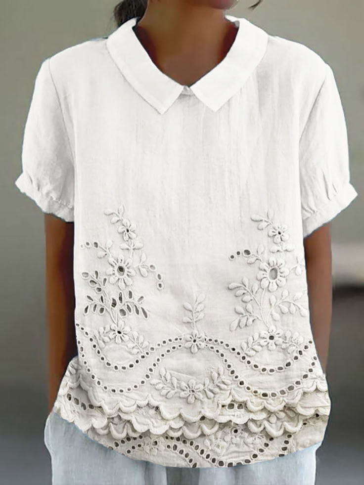 Schalkragen Kurzarm Geblümt Print Leicht Weit Bluse für Damen