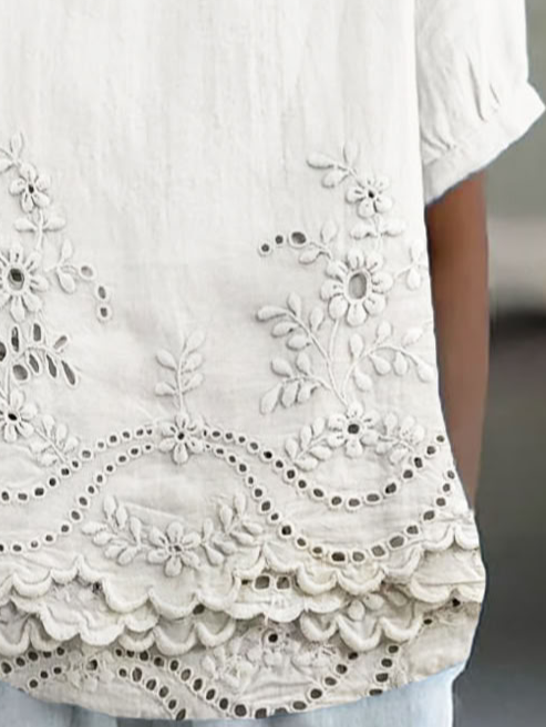 Schalkragen Kurzarm Geblümt Print Leicht Weit Bluse für Damen