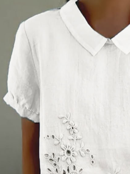 Schalkragen Kurzarm Geblümt Print Leicht Weit Bluse für Damen
