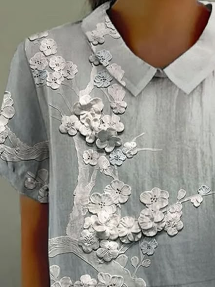 Schalkragen Kurzarm Geblümt Print Leicht Weit Bluse für Damen