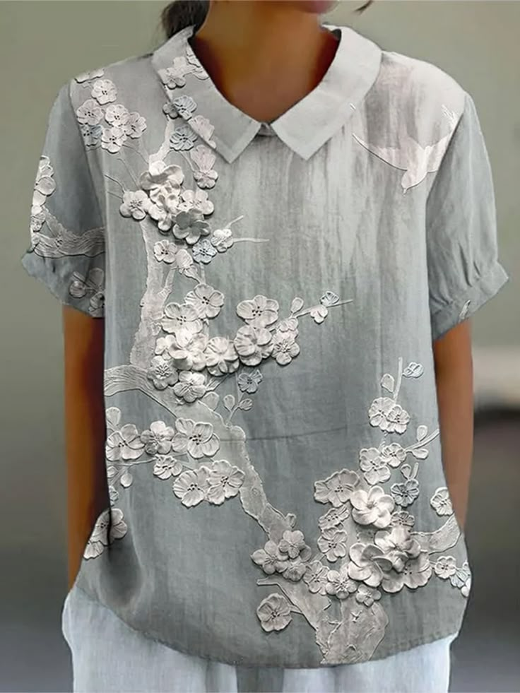 Schalkragen Kurzarm Geblümt Print Leicht Weit Bluse für Damen