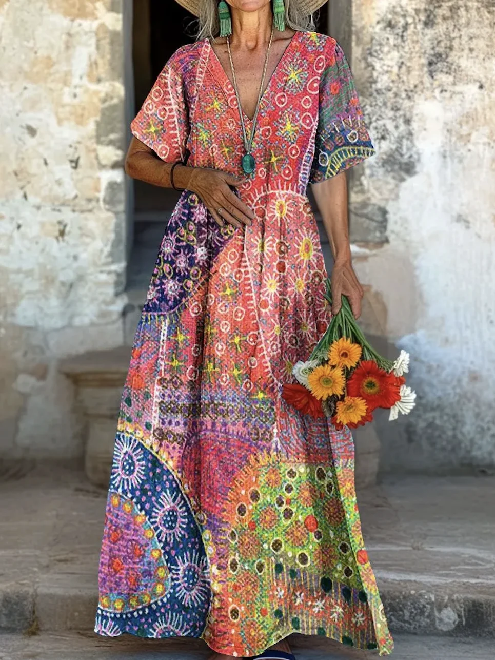 Damen Geometrisch V-Ausschnitt Kurzarm Bequem Lässig Maxikleid