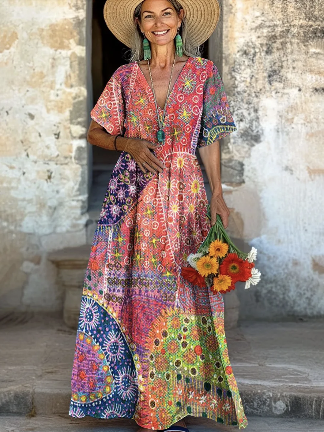 Damen Geometrisch V-Ausschnitt Kurzarm Bequem Lässig Maxikleid