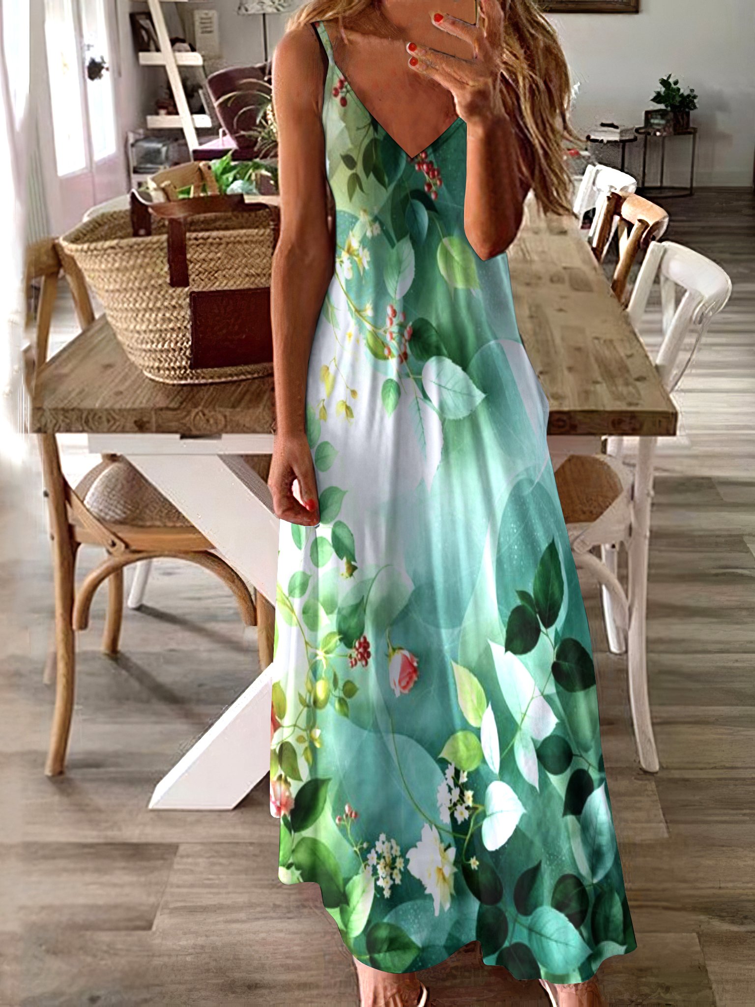 Damen Geometrisch Spaghettiträger Ärmellos Bequem Lässig Maxikleid