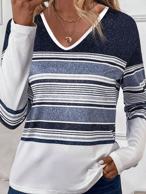 Damen Gestreift Frühling/Herbst Kleid Rundhals Langarm Hüftrock H-Linie Kleid