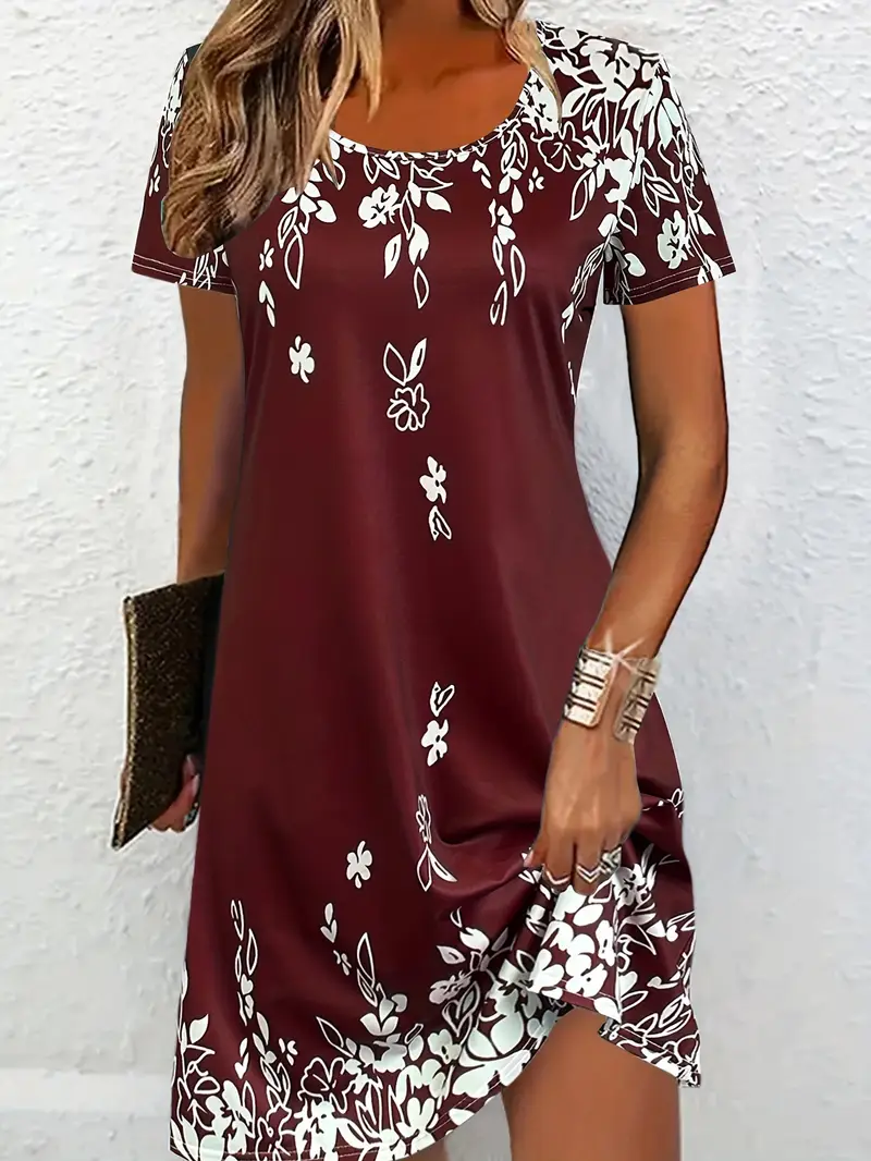 Damen Geblümt Rundhals Kurzarm Bequem Lässig Print Minikleid